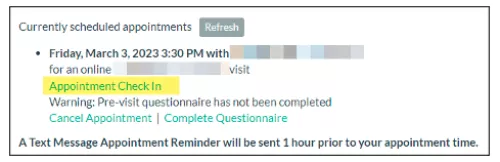 image shows example of current/upcoming appointment